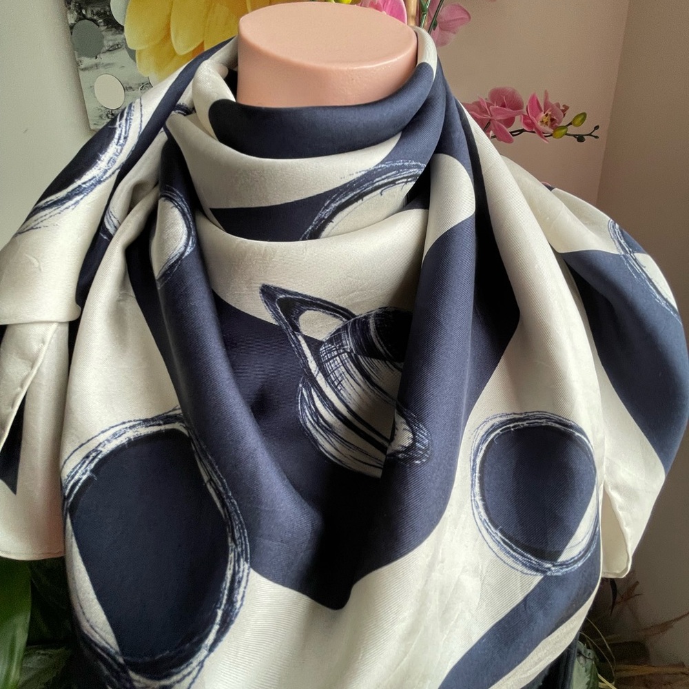 CHANEL CC Planet Navy Blue And Cream Silk Scarf. - Picture 3 of 9